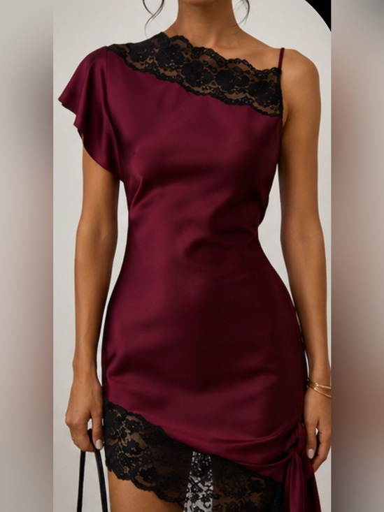 Dresses & Skirts - NEW $235 Bordeaux Lace Dress Elegant One-Shoulder Satin Lace Dress in Burgundy